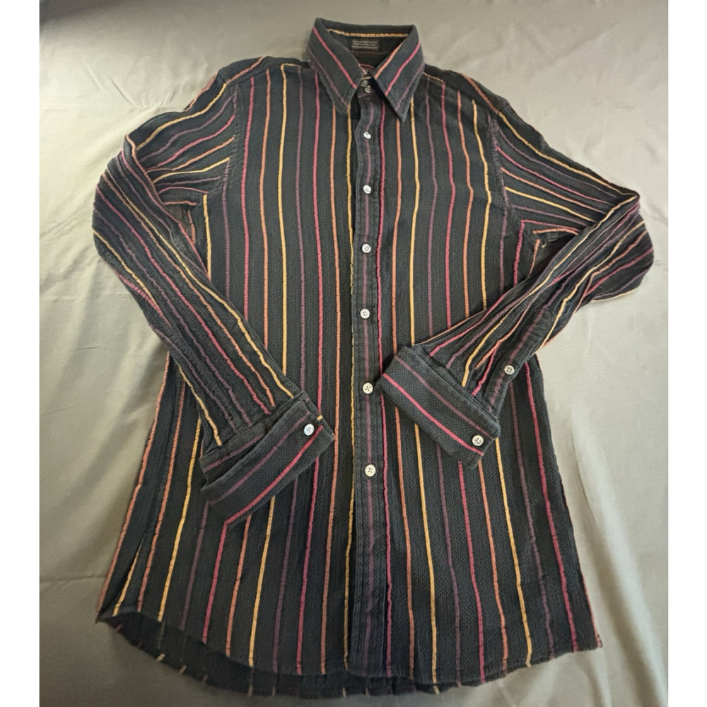 Vintage DKNY Striped Button Up Shirt Mens M Textured Cotton Made Hong Kong
